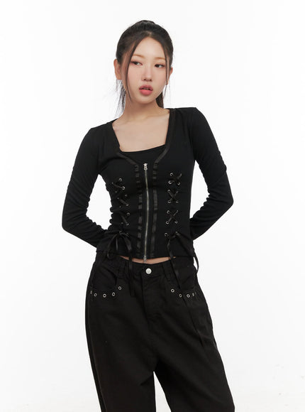 eyelet-lace-up-long-sleeve-cardigan-cd416 / Black