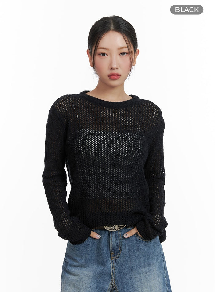 sheer-mesh-knit-top-ca415 / Black