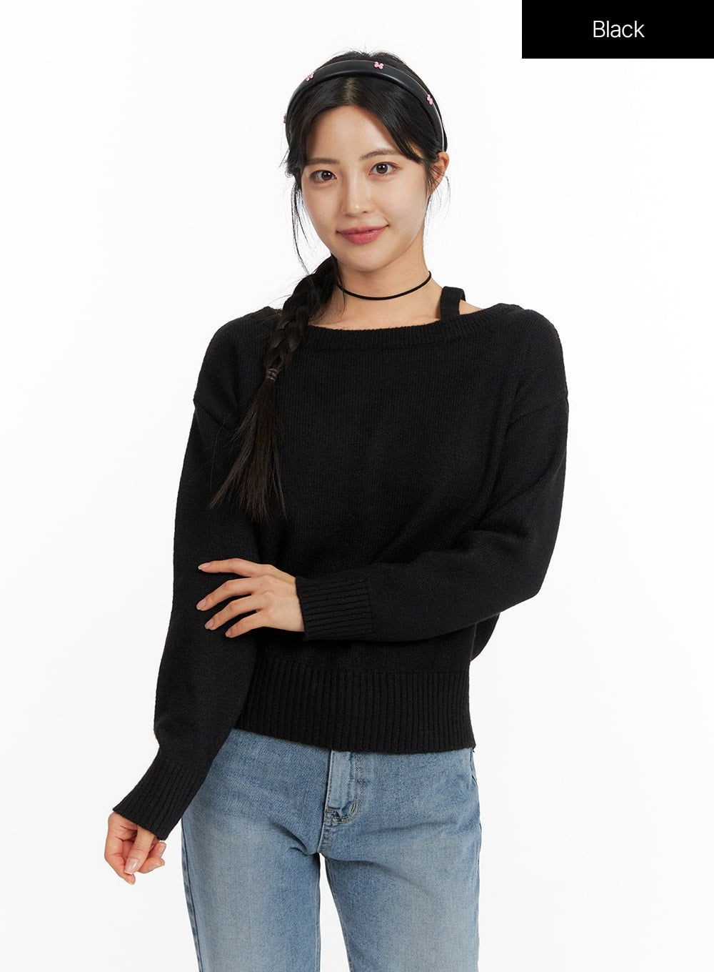 one-shoulder-knit-sweater-of419 / Black