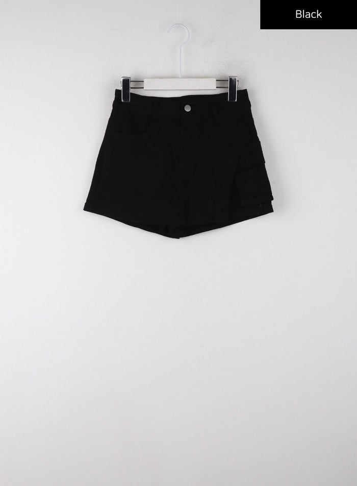 unbalanced-solid-high-waist-button-cargo-mini-skirt-cd329 / Black