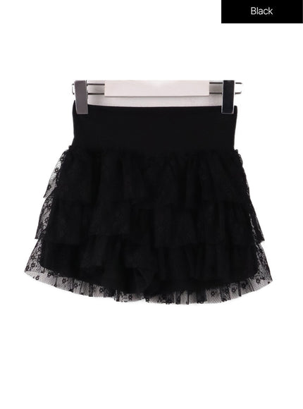 lace-frill-layered-mini-skirt-cf414 / Black