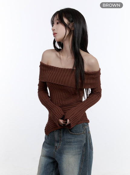 unbalanced-long-sleeve-off-shoulder-top-co418 / Brown