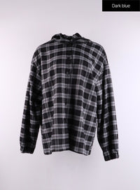 checkered-buttoned-hooded-shirt-cf407 / Dark blue