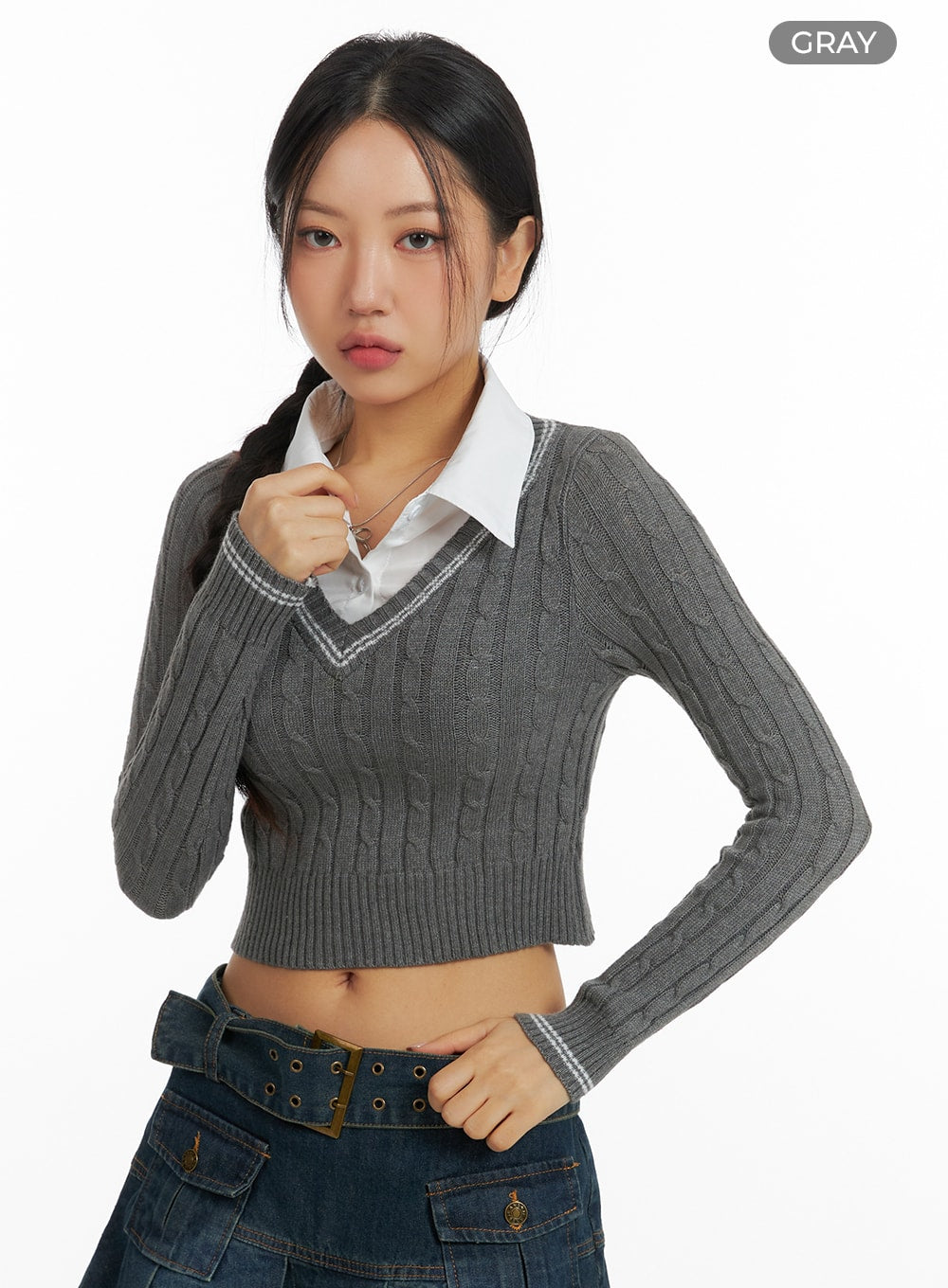 cable-knit-collar-crop-sweater-cf426 / Gray
