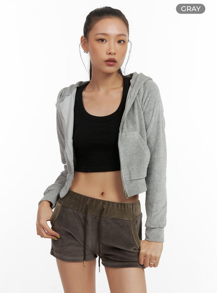 solid-velvet-crop-hoodie-co424 / Gray