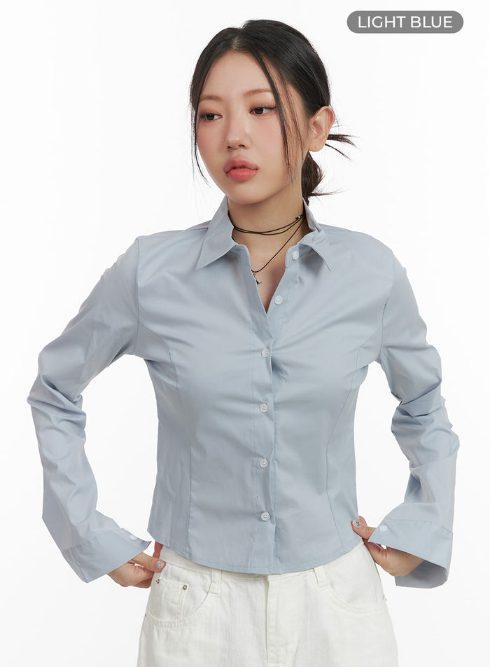basic-cropped-cotton-buttoned-shirt-oa416 / Light blue