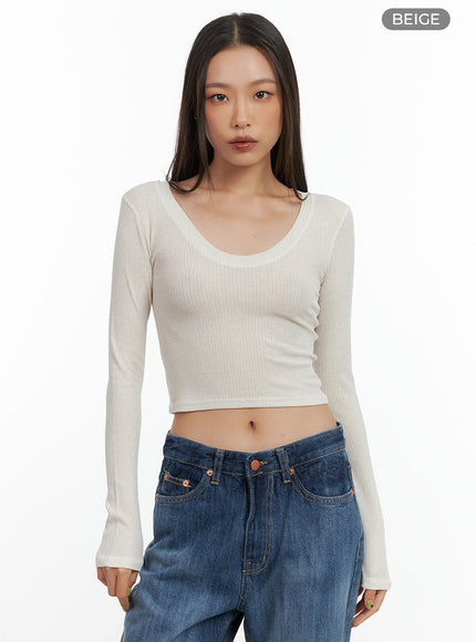 slim-u-neck-crop-tee-co424 / Beige