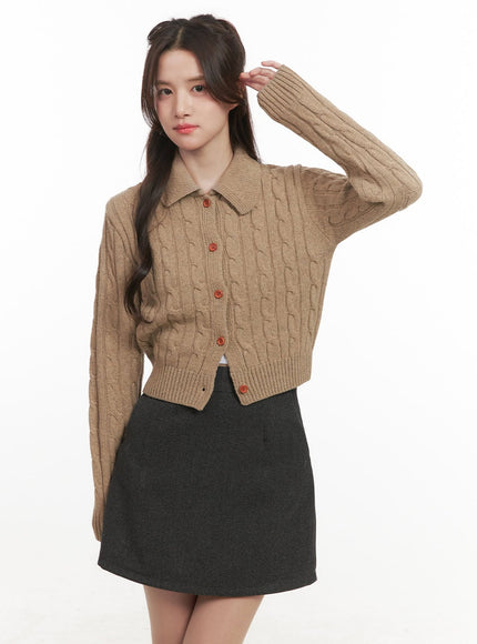 Cable-Knit Collared Buttoned Cardigan CJ514