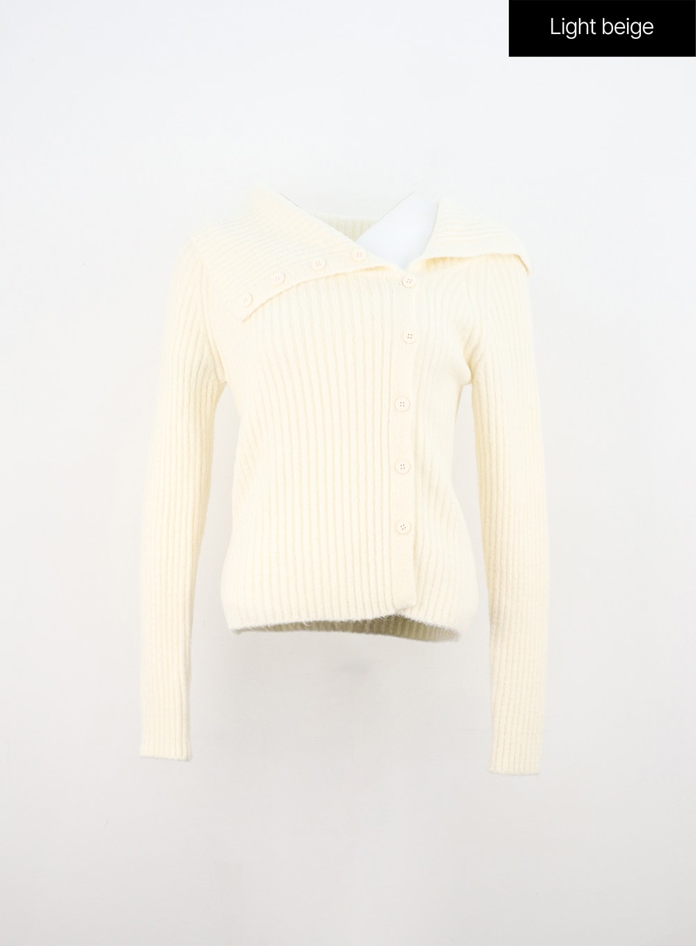 asymmetrical-button-open-collar-knit-sweater-on313 / Light beige