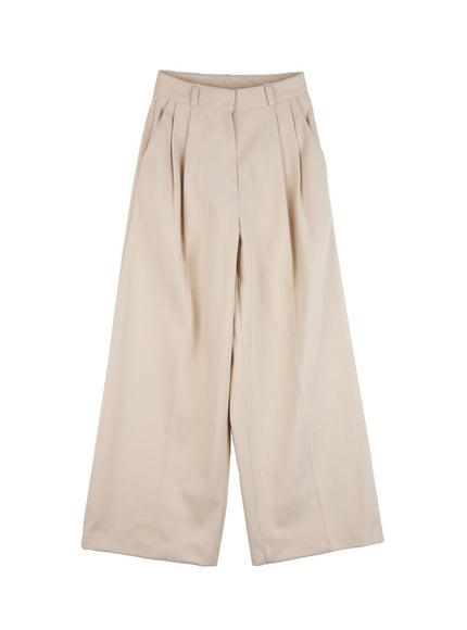 solid-print-wide-fit-polyester-pants-od417 / Beige