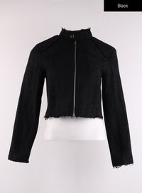 high-neck-tweed-zipper-biker-jacket-cf401 / Black