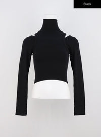 turtle-neck-cut-out-long-sleeve-top-cn314 / Black