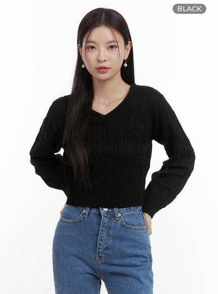 slim-v-neck-cable-knit-sweater-oo416 / Black