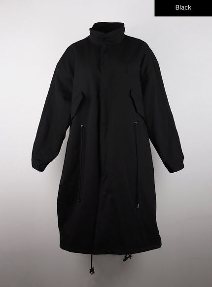 collar-solid-zipper-drawstring-long-jacket-cd328 / Black