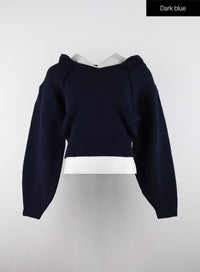 v-neckline-solid-drawstring-knit-hoodie-od320 / Dark blue