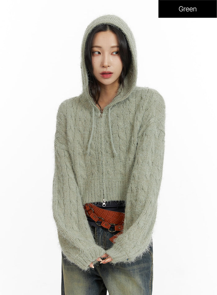 cable-knit-zippered-hooded-cardigan-cf416 / Green