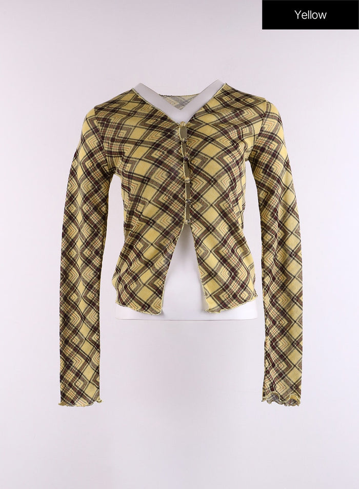 checkered-ruffle-hem-long-sleeve-blouse-cf401 / Yellow