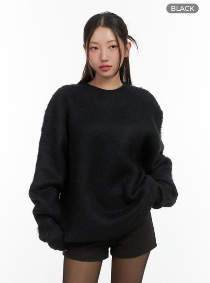 solid-knit-round-neck-sweater-co417 / Black