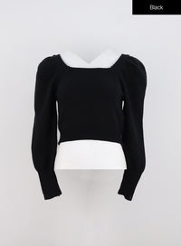 boat-neck-puff-sleeve-crop-sweater-on306 / Black