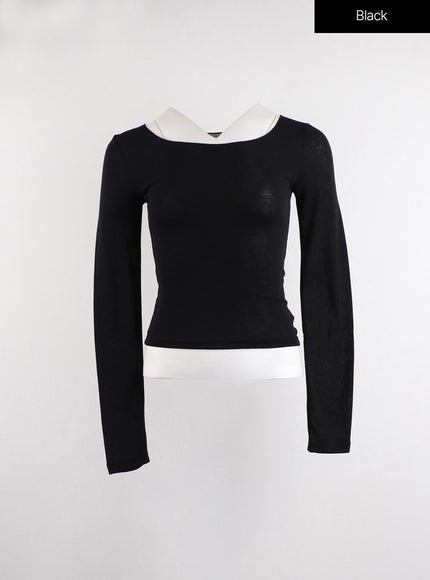 casual-u-neck-long-sleeve-top-cj417 / Black