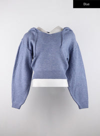 v-neckline-solid-drawstring-knit-hoodie-od320 / Blue