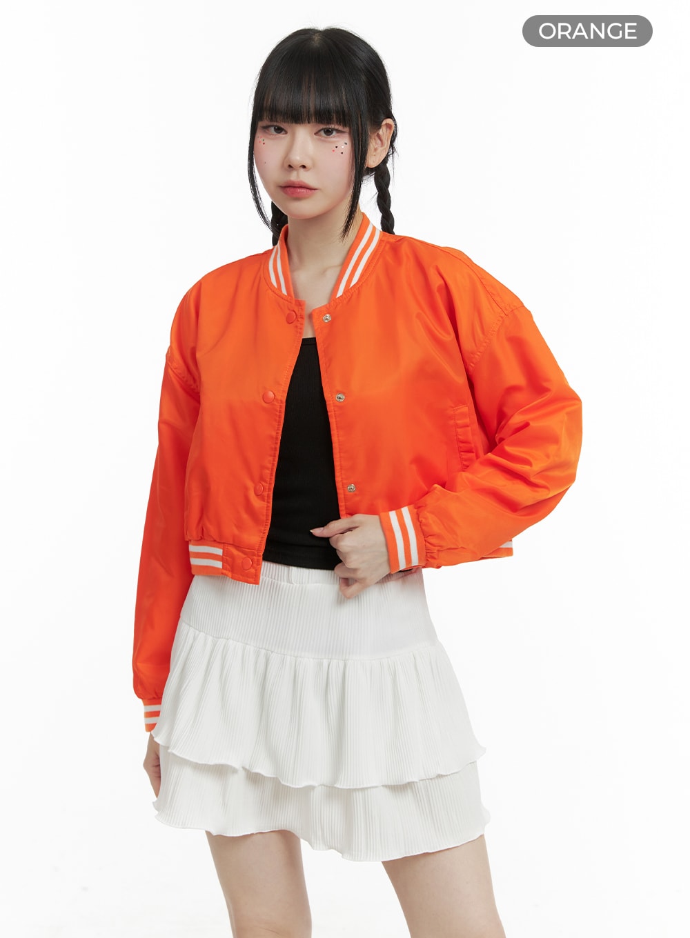 solid-button-bomber-jacket-om426 / Orange