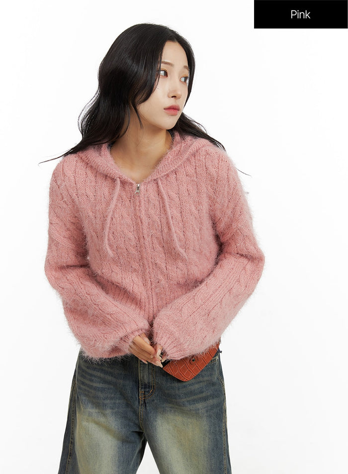 cable-knit-zippered-hooded-cardigan-cf416 / Pink