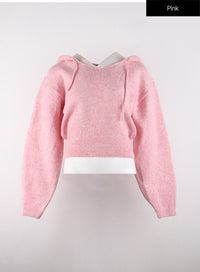 v-neckline-solid-drawstring-knit-hoodie-od320 / Pink