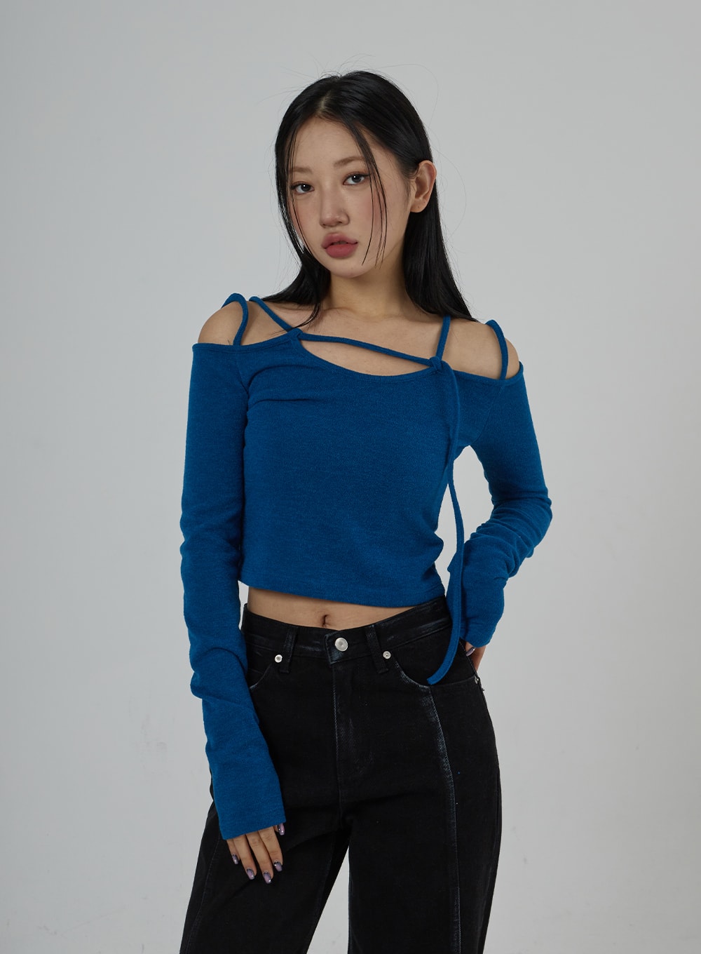 Double Strap Long Sleeve Cropped Top CD28 - Korean Women's Fashion 