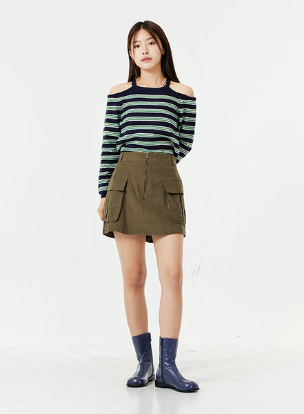 Corduroy Zip-Up Cargo Mini Skirt OS13 - Lewkin