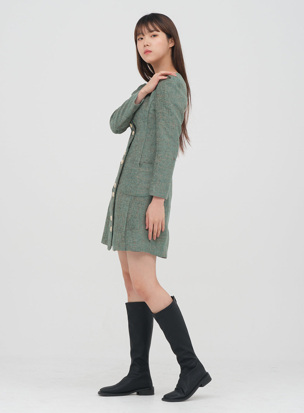 Square Neck Tweed Mini Dress #OU-A2812001 - Lewkin