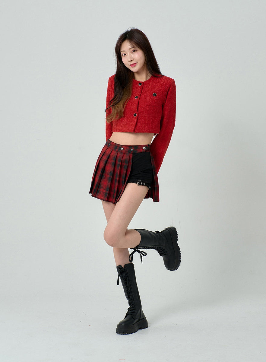 Layered Plaid Pleated Mini Skirt And Short Pants BN22 - K-Pop style 