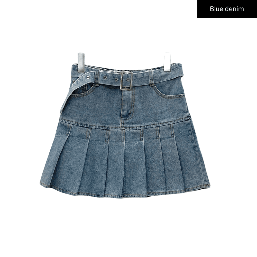 Denim Pleated Mini Skirt - Lewkin