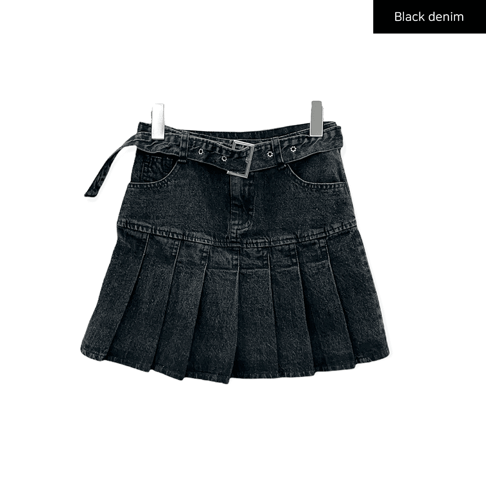 Denim Pleated Mini Skirt - Lewkin